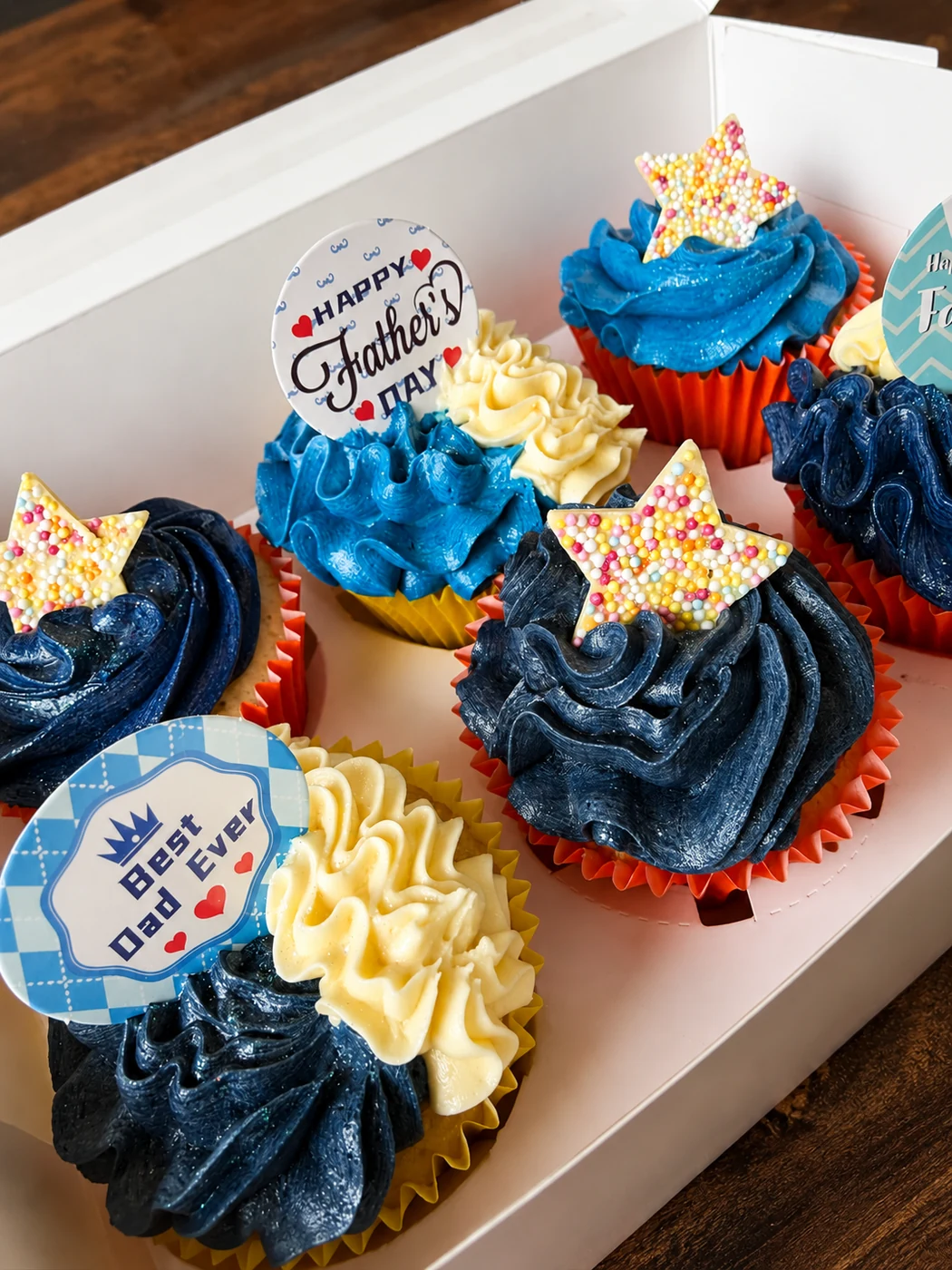 Blue and white decorated cupcakes at Gem Cafe Coxhoe