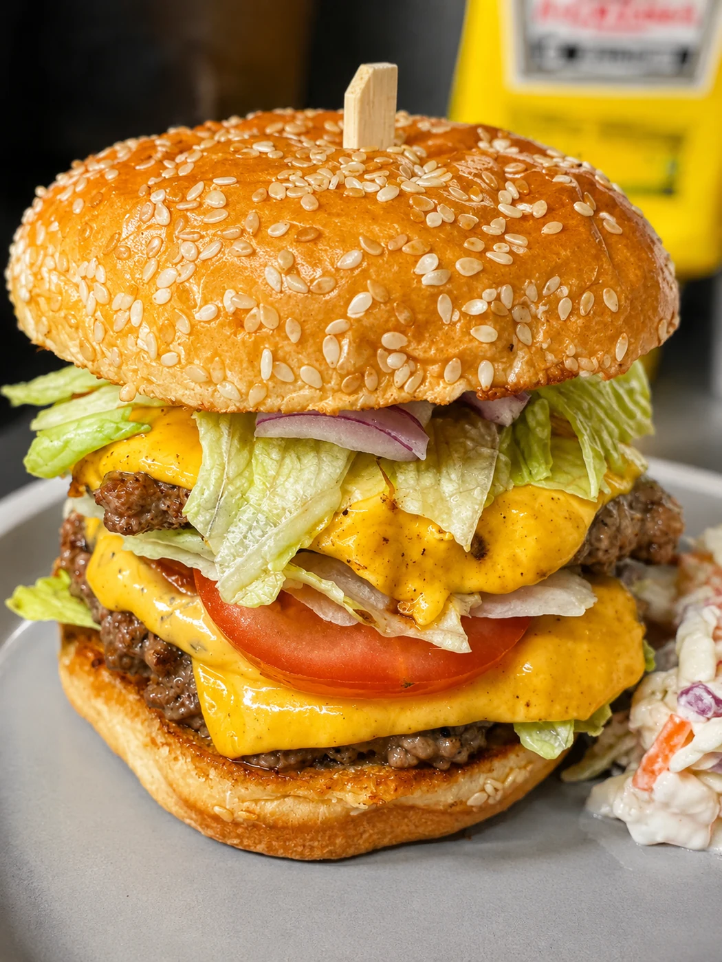 Double cheeseburger with lettuce and tomato at Gem Cafe Coxhoe