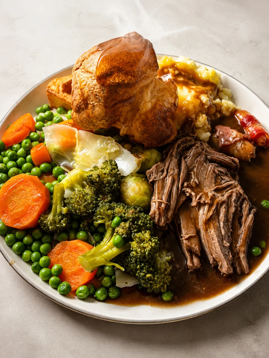 Homecooked roast meal with vegetables and gravy